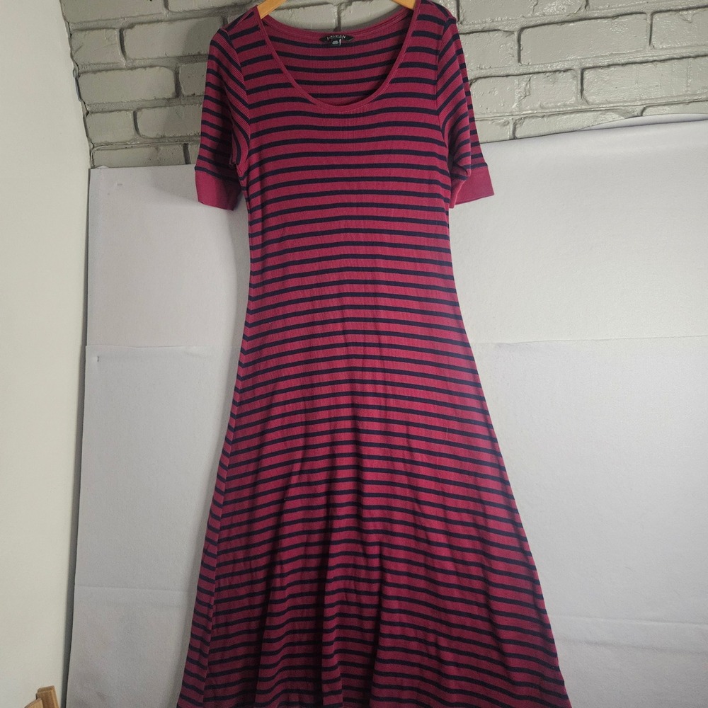 Lauren Ralph Lauren Red Navy Striped Waffle Knit Cotton Maxi Dress Large